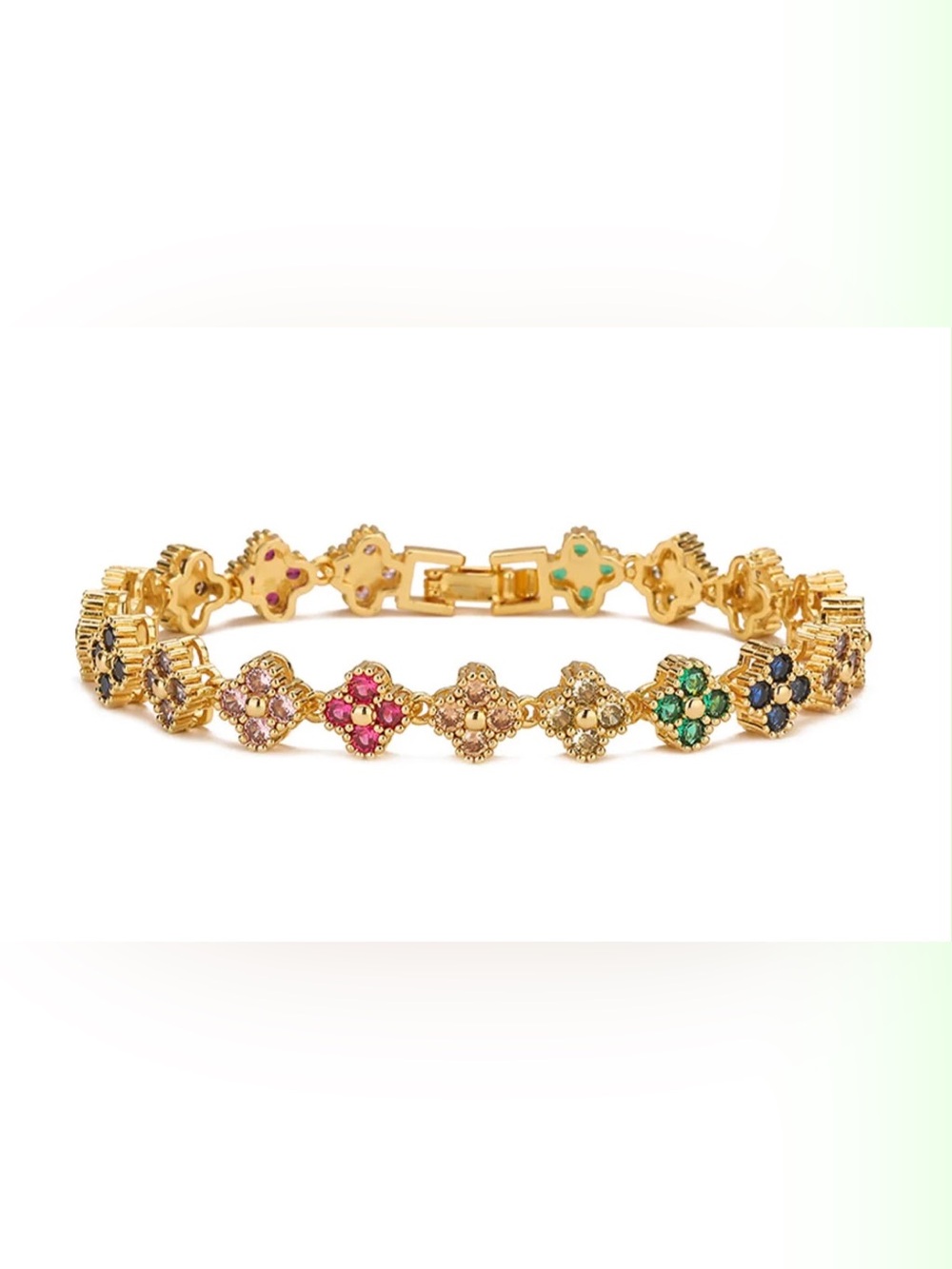 Gold Tone Multi-Gem Clover Link Bracelet